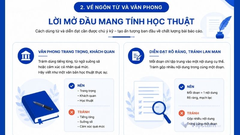 Quy định về ngôn từ và văn phong trong lời mở đầu của báo cáo thực tập