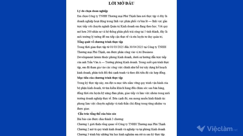 Mẫu lời mở đầu trong báo cáo thực tập