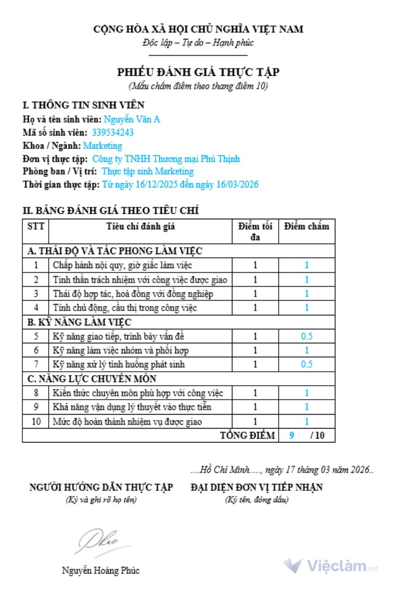 Mẫu nhận xét thực tập dạng đánh giá thang điểm