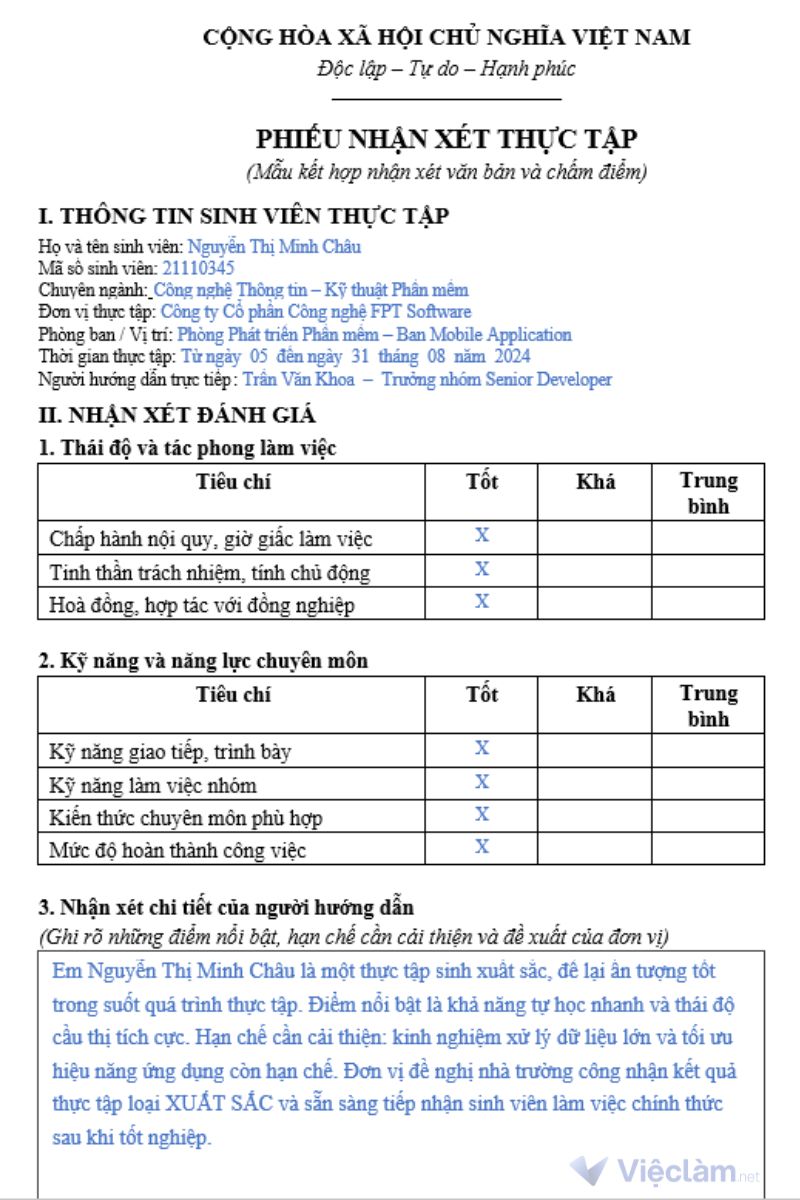 Mẫu nhận xét thực tập dạng kết hợp văn bản và thang điểm