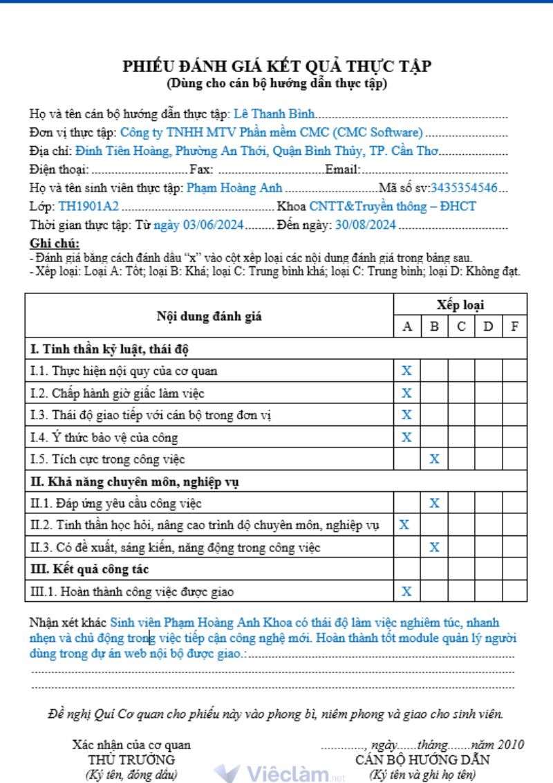 Mẫu nhận xét thực tập trường Đại học Cần Thơ