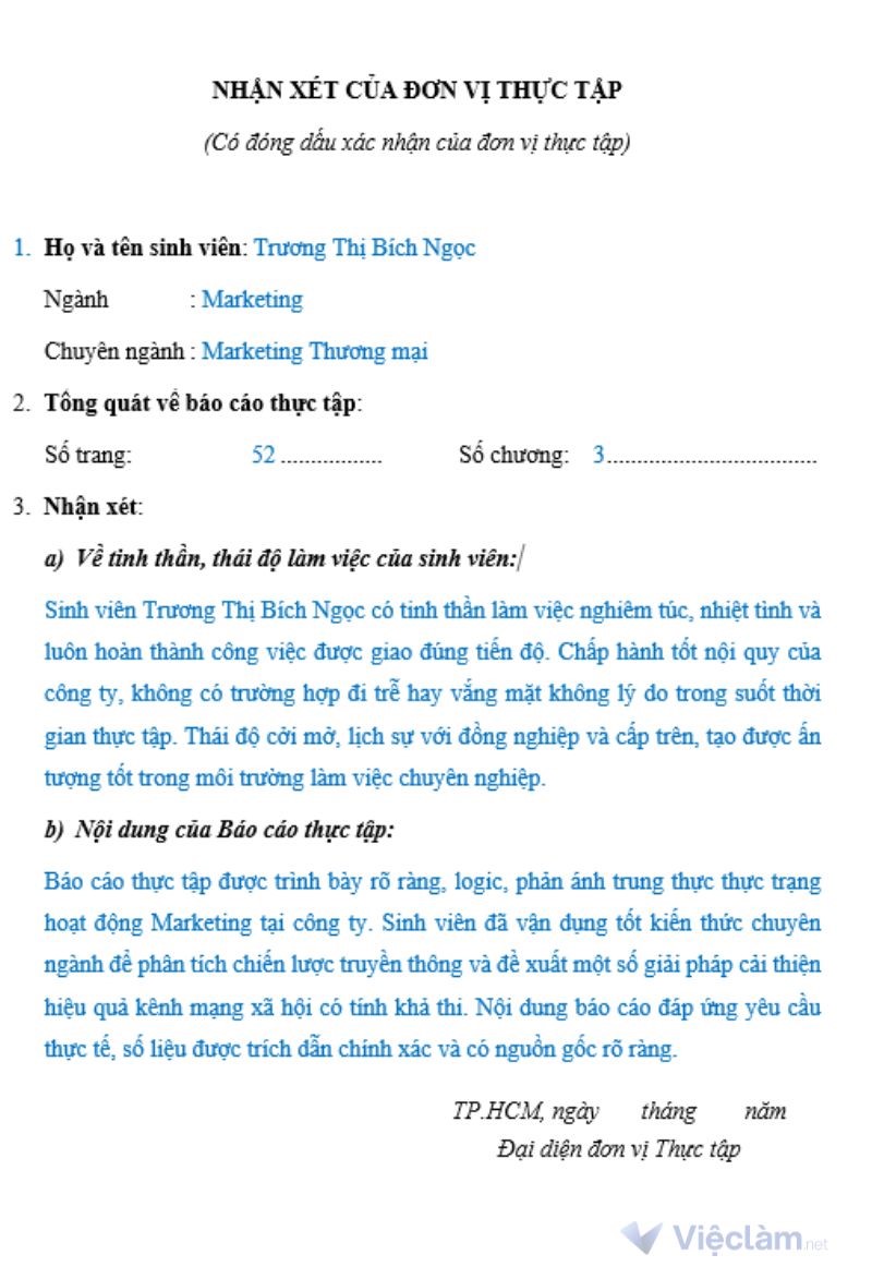 Mẫu nhận xét thực tập trường Đại học Kinh tế - Tài chính