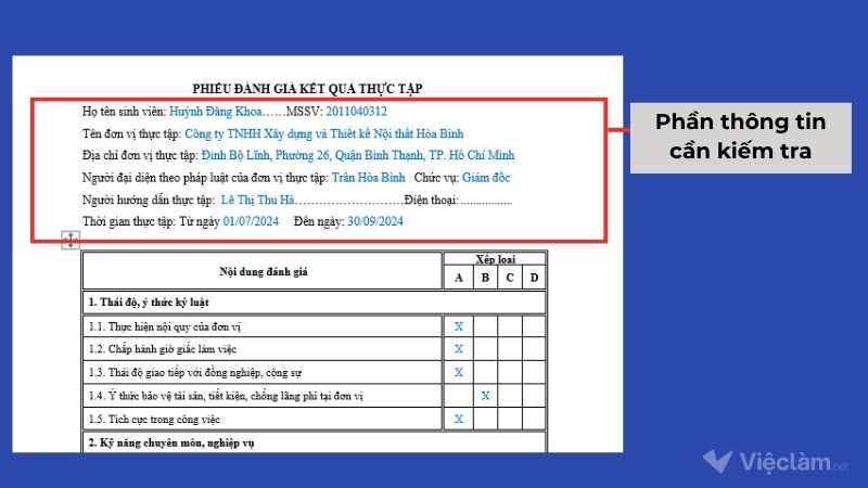 Phần thông tin cần kiểm tra trong nhận xét thực tập