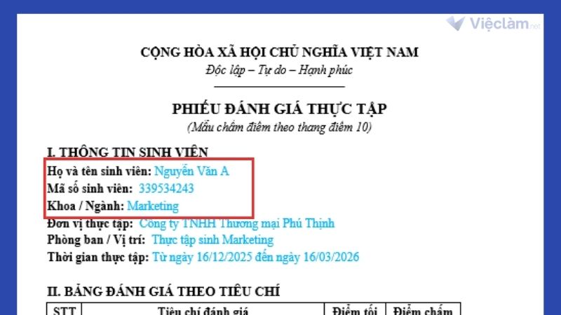 Thông tin sinh viên trong nhận xét thực tập 