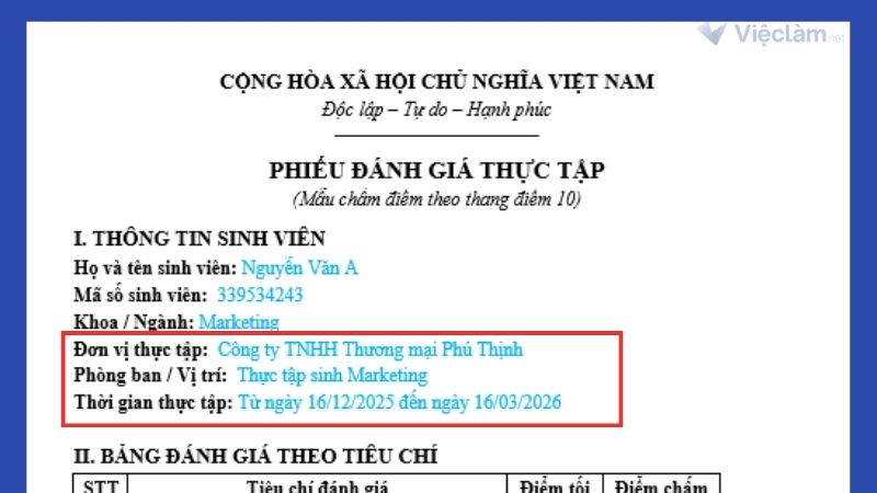 Thông tin thực tập trong nhận xét thực tập
