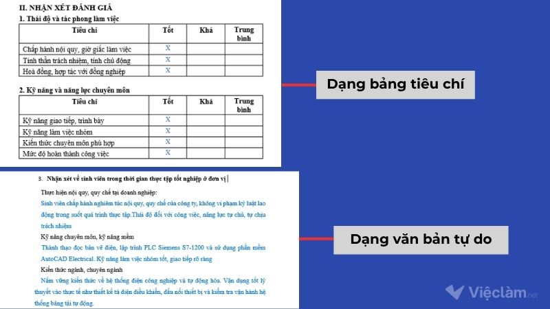 2 dạng của phần nhận xét trong nhận xét thực tập