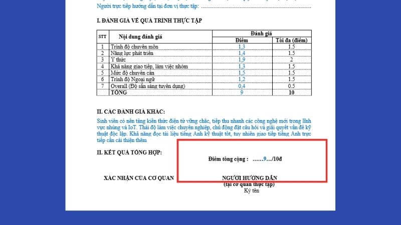 Phần chấm điểm trong nhận xét thực tập