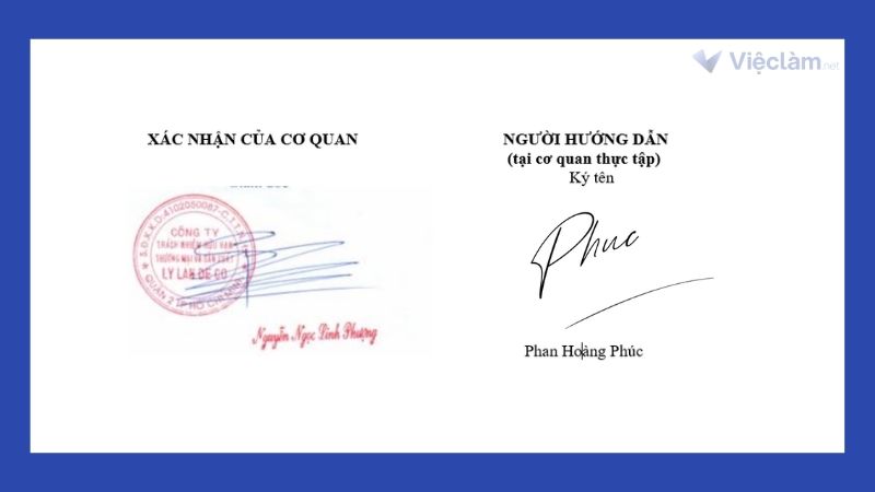 Phần ký tên và đóng dấu trong nhận xét thực tập