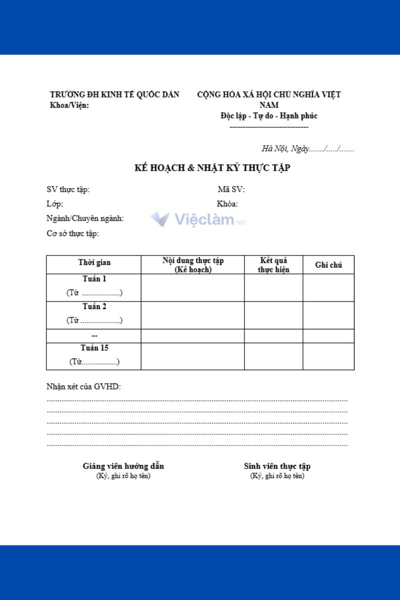 Mẫu Nhật ký thực tập
