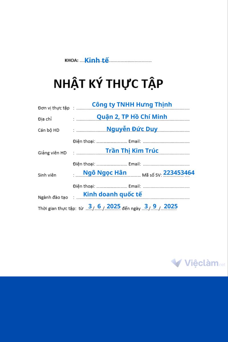 Phần thông tin chung của nhật ký thực tập