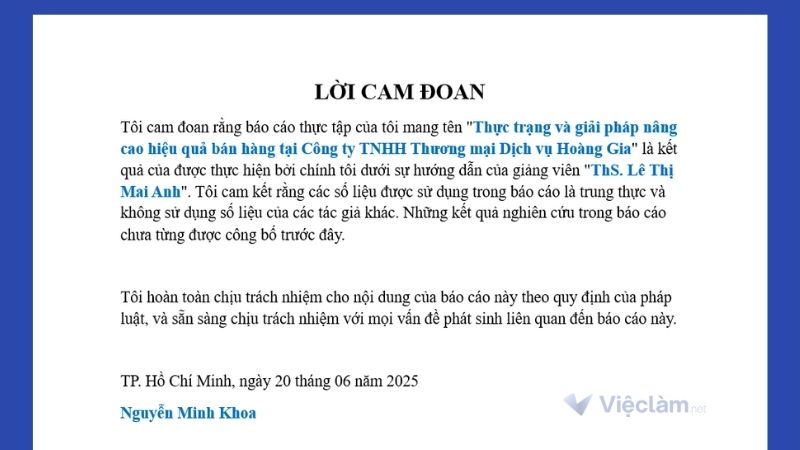 Ví dụ cách điền lời cam đoan báo cáo thực tập mẫu số 1