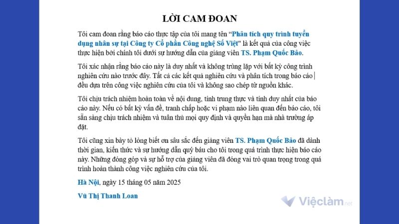 Ví dụ cách điền lời cam đoan báo cáo thực tập mẫu số 2
