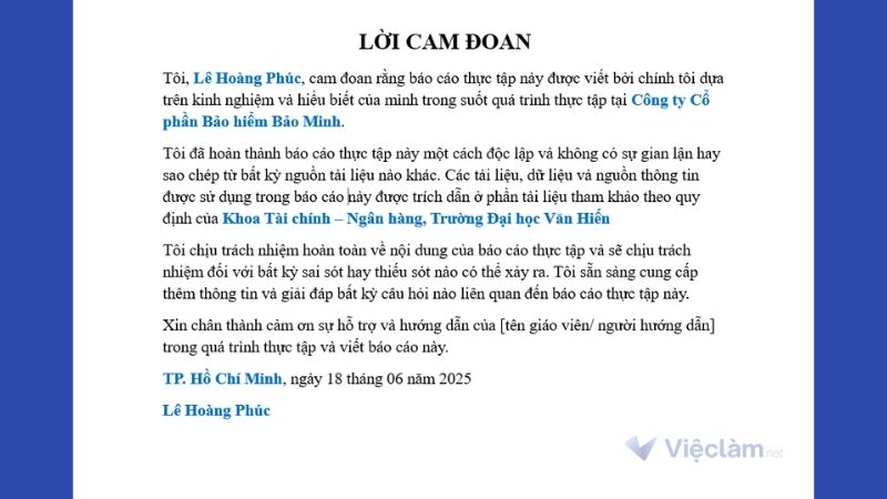Ví dụ cách điền lời cam đoan báo cáo thực tập mẫu số 3
