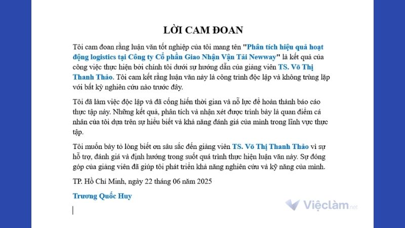 Ví dụ cách điền lời cam đoan báo cáo thực tập mẫu số 4
