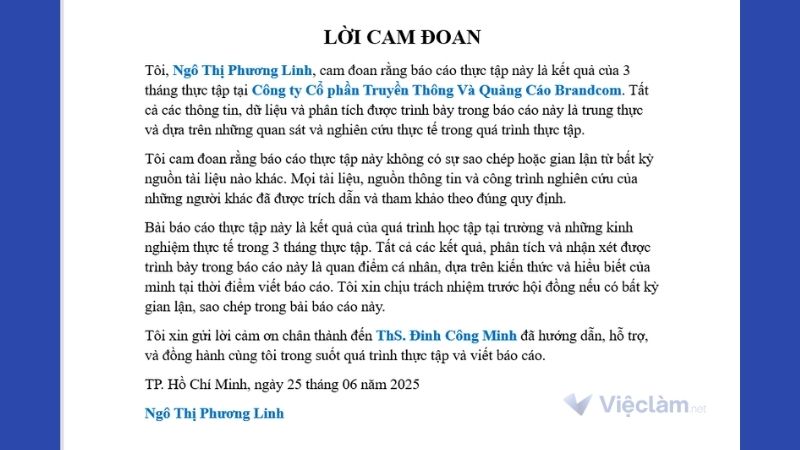 Ví dụ cách điền lời cam đoan báo cáo thực tập mẫu số 5