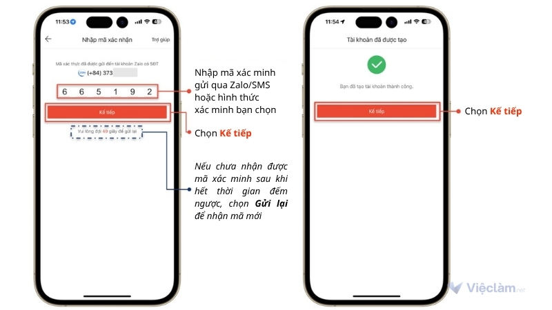 Nhập mã xác minh được gửi về máy để tạo tài khoản