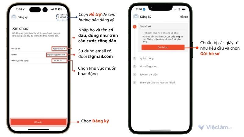 Nhập họ tên, email, khu vực hoạt động và Gửi hồ sơ