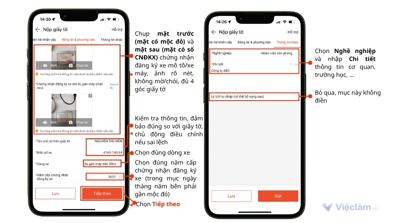 Tải ảnh, nhập thông tin bằng lái xe và phương tiên hoạt động