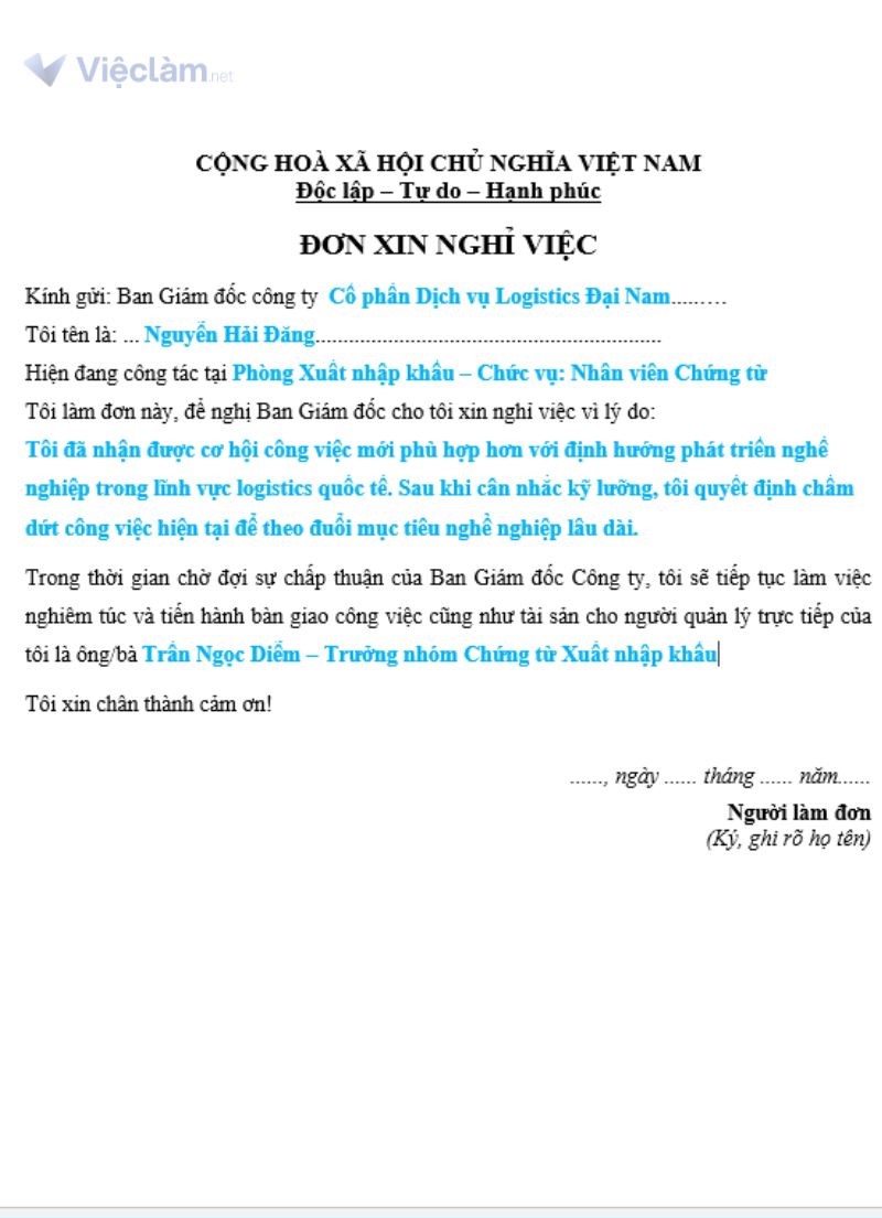 Đơn xin nghỉ việc viết tay mẫu số 7 (Cách điền cho vị trí nhân viên chứng từ)