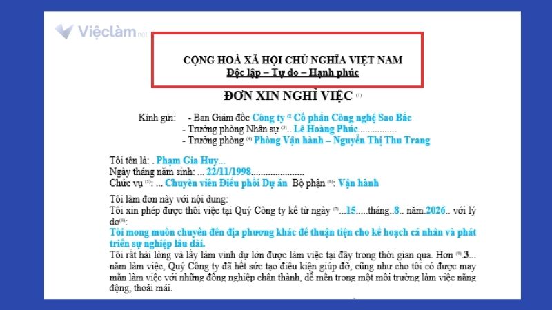 Phần Quốc hiệu, tiêu ngữ trong đơn xin nghỉ việc viết tay