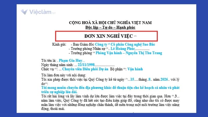 Phần tên đơn trong đơn xin nghỉ việc viết tay
