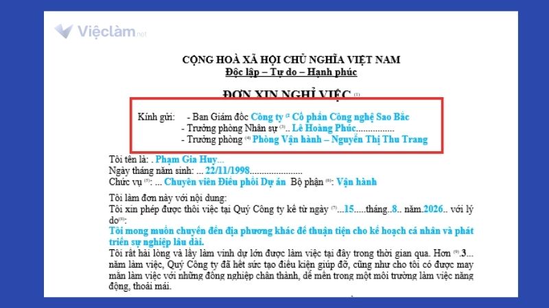 Phần Kính gửi trong đơn xin nghỉ việc viết tay