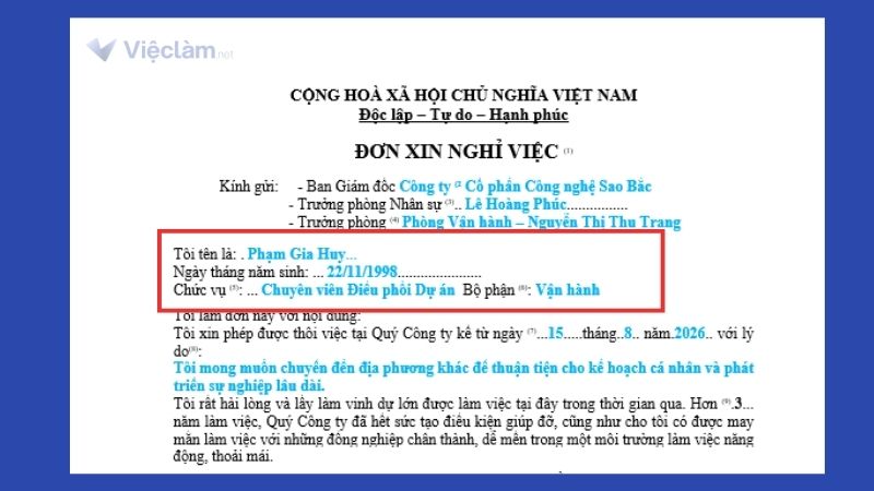 Phần Thông tin người viết trong đơn xin nghỉ việc viết tay