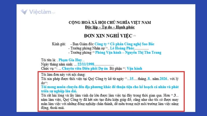 Phần Lý do xin nghỉ việc trong đơn xin nghỉ việc viết tay