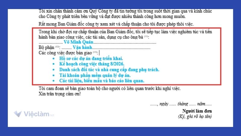 Phần Cam kết bàn giao công việc trong đơn xin nghỉ việc viết tay