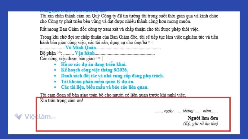 Phần Lời cảm ơn và ký tên trong đơn xin nghỉ việc viết tay