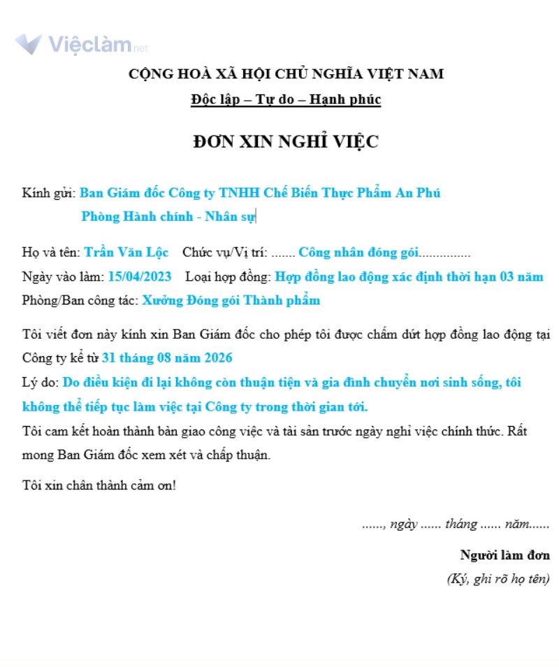 Đơn xin nghỉ việc viết tay mẫu số 1 (Cách điền cho vị trí công nhân đóng gói)