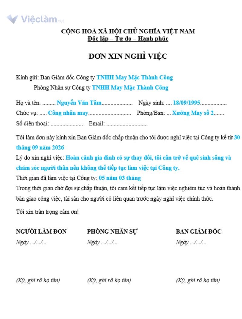 Đơn xin nghỉ việc viết tay mẫu số 2 (Cách điền cho vị trí công nhân)