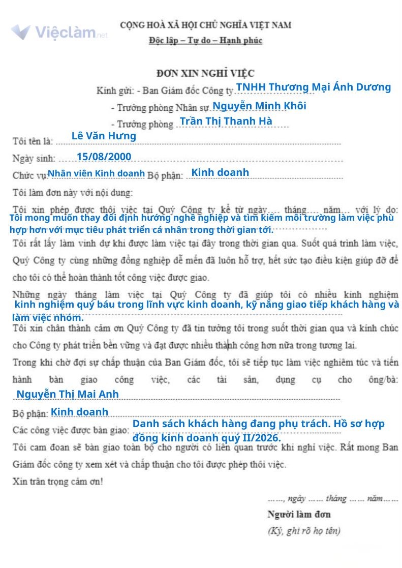 Đơn xin nghỉ việc viết tay mẫu số 3 ( Cách điền cho vị trí nhân viên kinh doanh)