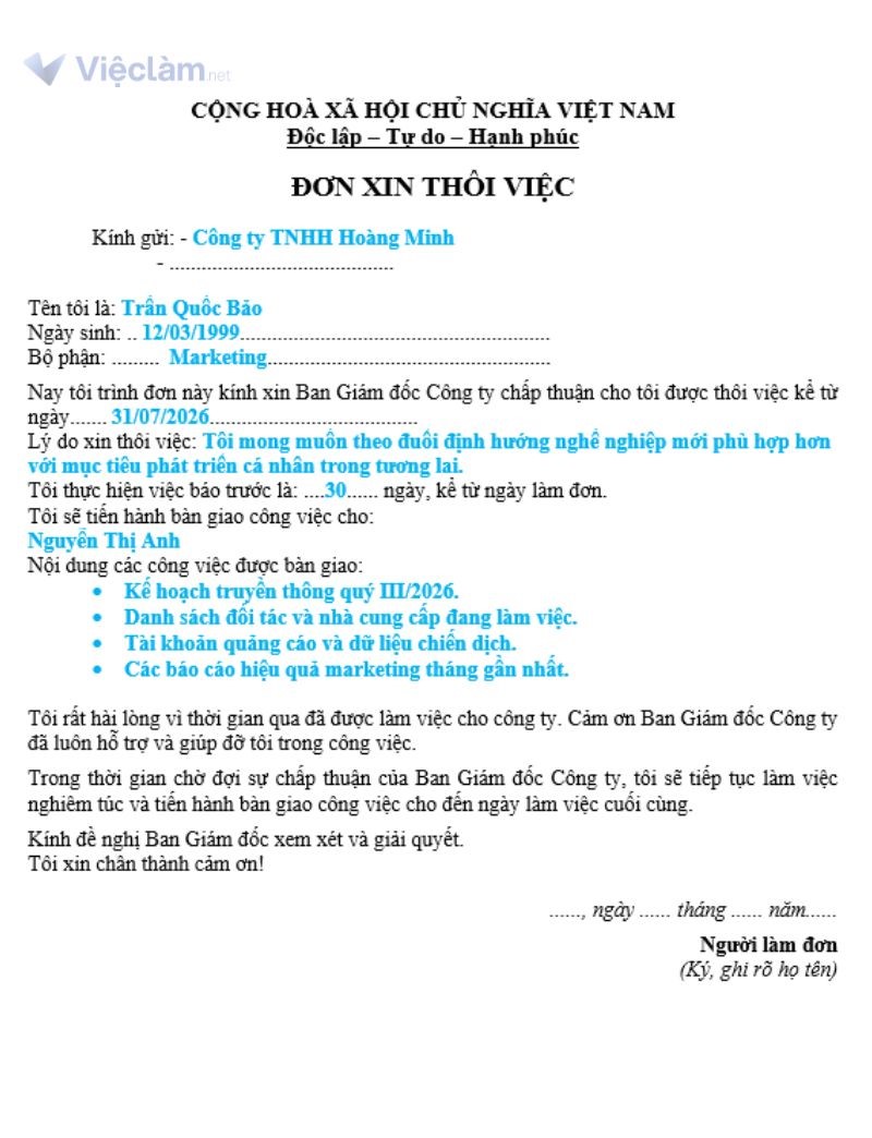 Đơn xin nghỉ việc viết tay mẫu số 4 (Cách điền cho vị trí Marketing)